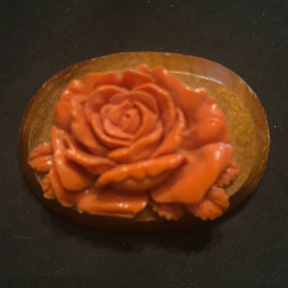 Vintage Orange Carved Rose Celluloid Brooch on Wood